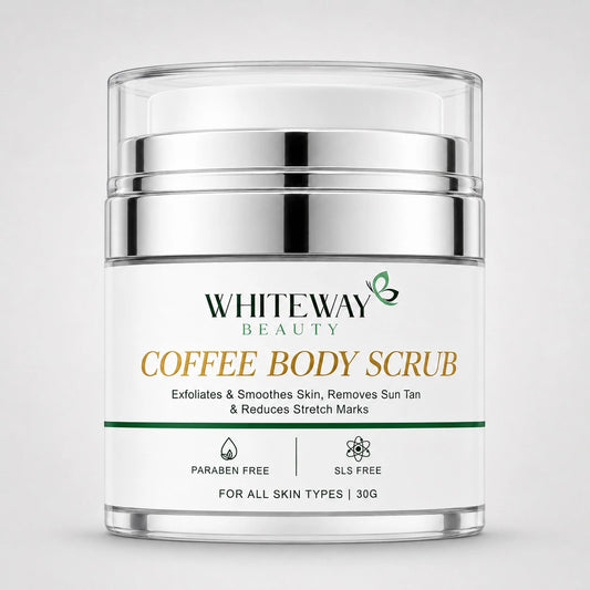 Whiteway Beauty 30ML Coffee Body Scrub in a premium airless pump jar; exfoliates and smooths skin to remove sun tan and reduce stretch marks. Paraben-free and SLS-free formula for all skin types.