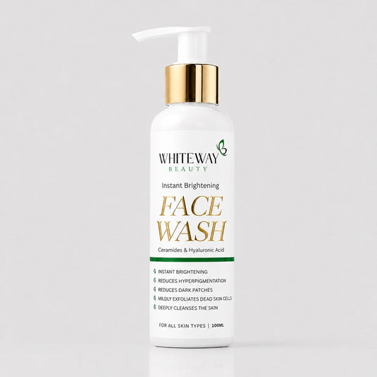 Whiteway Beauty Brightening Face Wash bottle highlighting its formula with Ceramides and Hyaluronic Acid to maintain skin pH and protect the skin barrier.