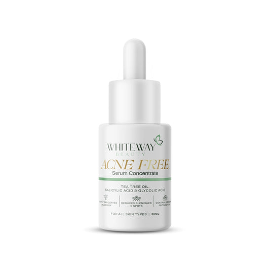 Whiteway Beauty Acne Free Serum Concentrate 30ml bottle with professional dropper, featuring 2% Salicylic Acid BHA and Tea Tree Oil for blemish control and clear skin.