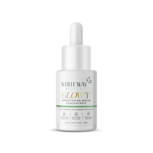 Whiteway Beauty GLOWY Brightening Serum 30ml with Alpha Arbutin and Kojic Acid for dark spot correction. Lifestyle Image: Person applying Whiteway Beauty Brightening Serum to achieve a radiant, glass-skin glow. Texture Image: Lightweight, fast-absorbing texture of the GLOWY Brightening Serum featuring Niacinamide and Hyaluronic Acid.