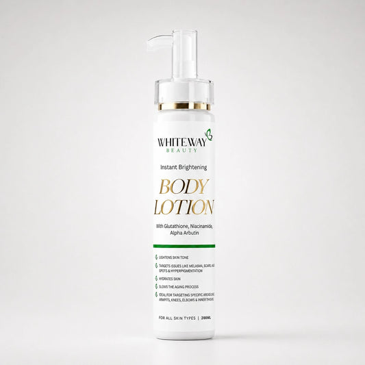 Whiteway Beauty Instant Brightening Body Lotion with Glutathione, Niacinamide, and Alpha Arbutin in a 200ml pump bottle.