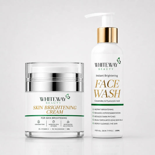 Whiteway Beauty skin brightening routine featuring a 30ml jar of Skin Brightening Cream with 3% Vitamin C and 5% Niacinamide next to a 100ml pump bottle of Instant Brightening Face Wash with Ceramides and Hyaluronic Acid.