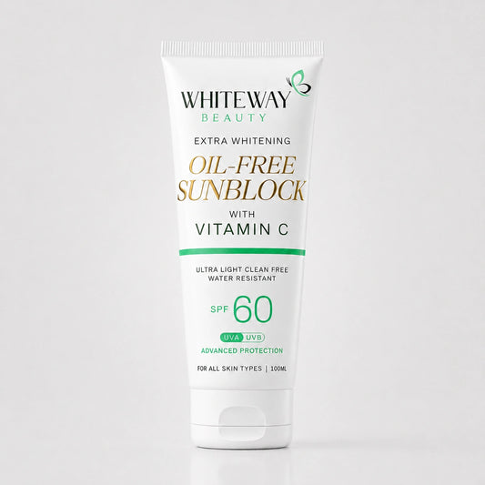 Whiteway Beauty Oil-Free Sunblock SPF 60 with Vitamin C; a 100ml ultra-light, water-resistant sunscreen providing advanced UVA and UVB protection for all skin types.