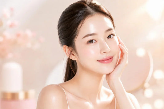 Beautiful model with flawless glass skin and a luminous, dewy complexion gently touching her face, illustrating a premium skincare routine for glowing skin on the White Way Beauty blog with a soft, elegant background.