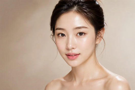 Flawless model with a crystal-clear glass skin complexion, showcasing intense hydration, bright skin tone, and an elegant dewy glow on a luxury beauty blog banner for White Way Beauty.