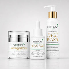 WhiteWay Beauty complete skin care kit featuring Brightening Face Wash with Ceramides, Acne Free Serum with Salicylic Acid and Tea Tree Oil, and Skin Brightening Cream with Vitamin C and Niacinamide for a clear, glowing complexion.