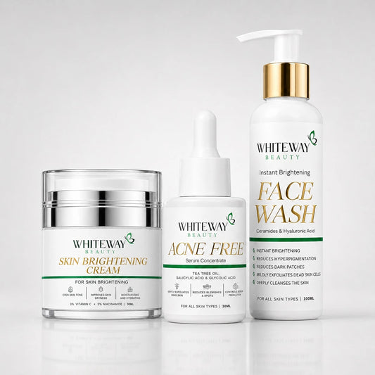 WhiteWay Beauty complete skin care kit featuring Brightening Face Wash with Ceramides, Acne Free Serum with Salicylic Acid and Tea Tree Oil, and Skin Brightening Cream with Vitamin C and Niacinamide for a clear, glowing complexion.