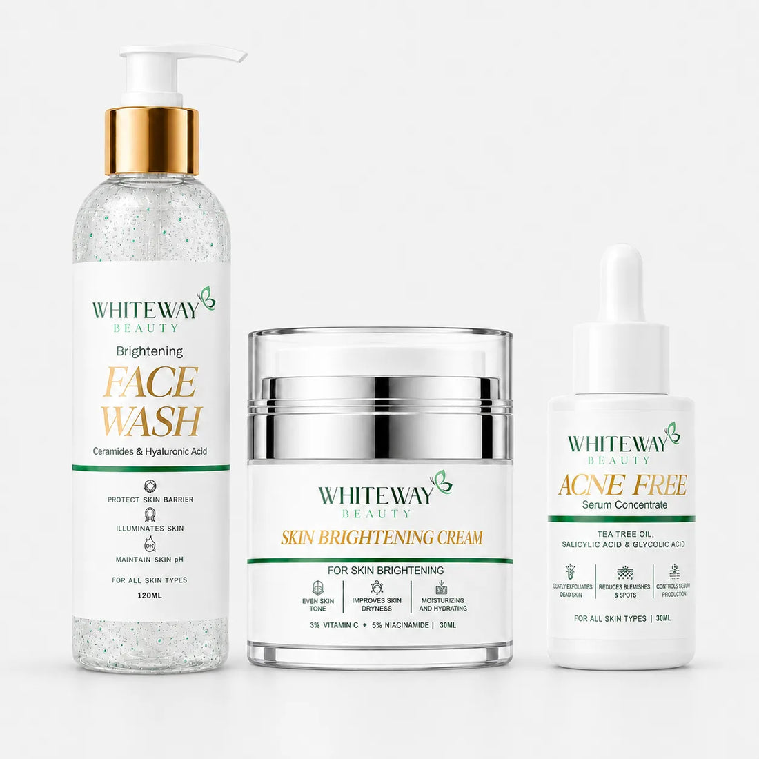 WhiteWay Beauty complete skin care kit featuring Brightening Face Wash with Ceramides, Acne Free Serum with Salicylic Acid and Tea Tree Oil, and Skin Brightening Cream with Vitamin C and Niacinamide for a clear, glowing complexion.