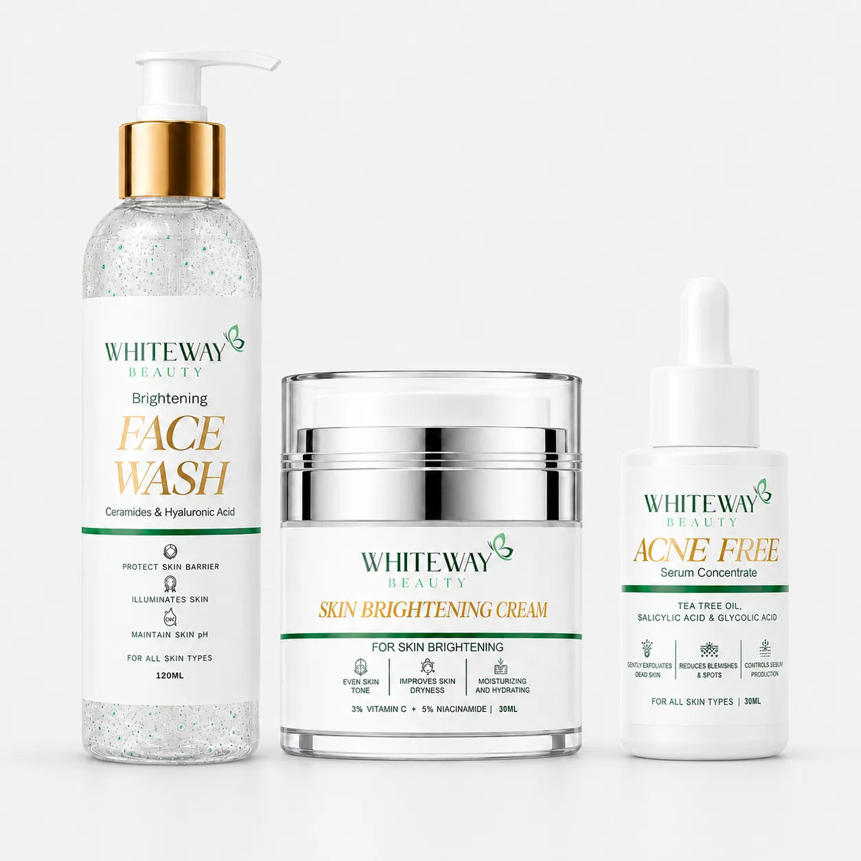WhiteWay Beauty complete skin care kit featuring Brightening Face Wash with Ceramides, Acne Free Serum with Salicylic Acid and Tea Tree Oil, and Skin Brightening Cream with Vitamin C and Niacinamide for a clear, glowing complexion.