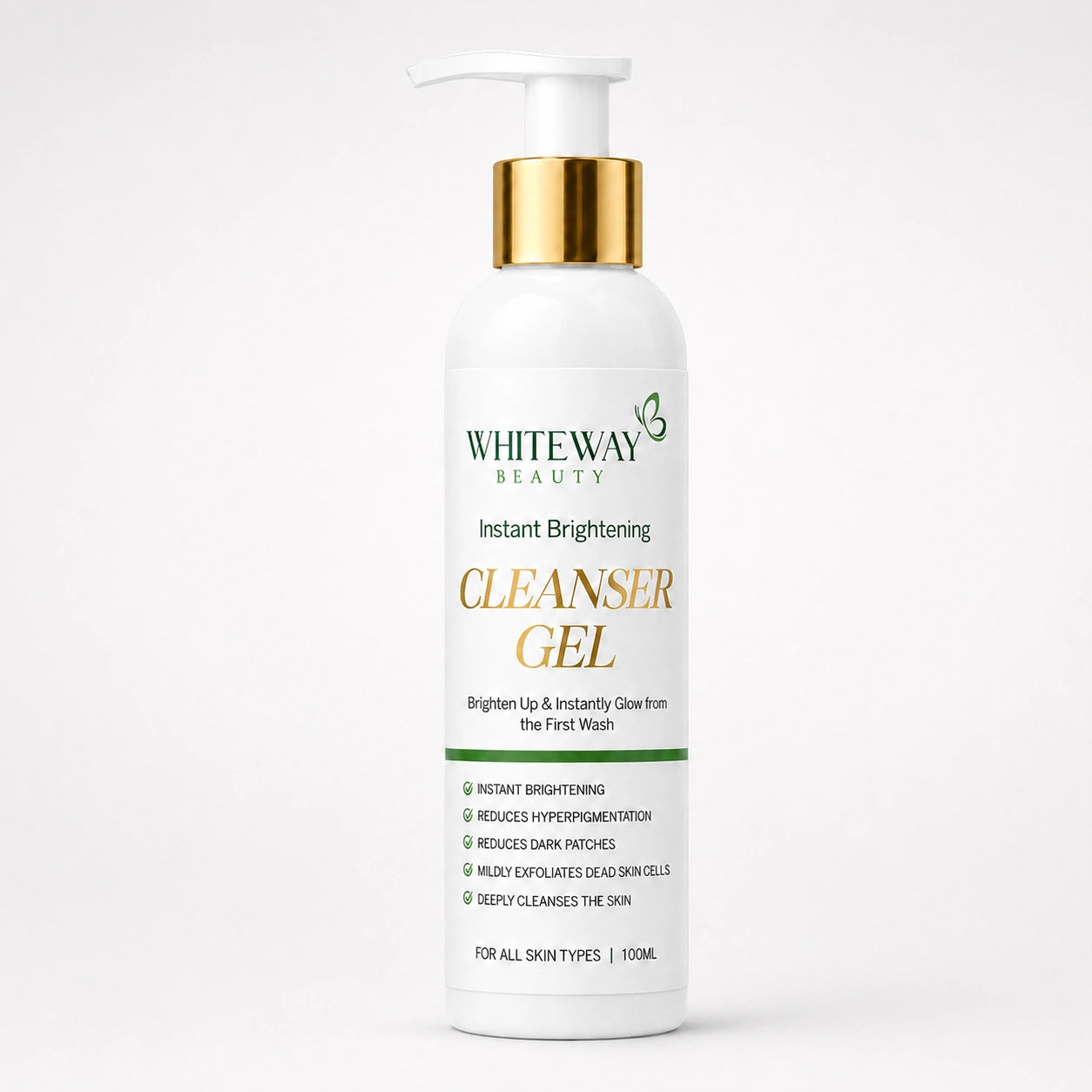 Whiteway Beauty Instant Brightening Cleanser Gel in a white bottle with a gold pump, designed to reduce hyperpigmentation and dark patches.