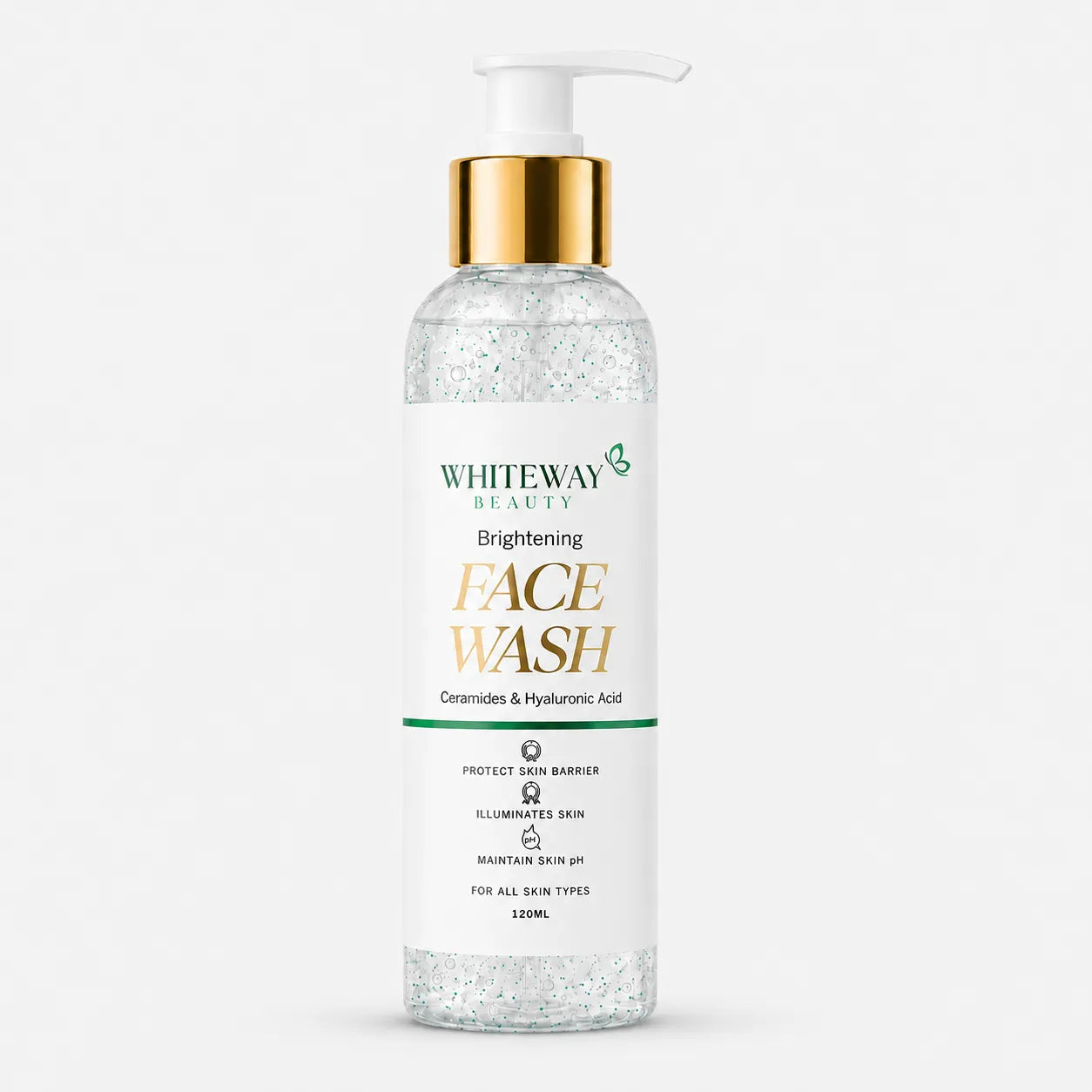 Whiteway Beauty Brightening Face Wash with Ceramides and Hyaluronic Acid in a premium pump bottle.