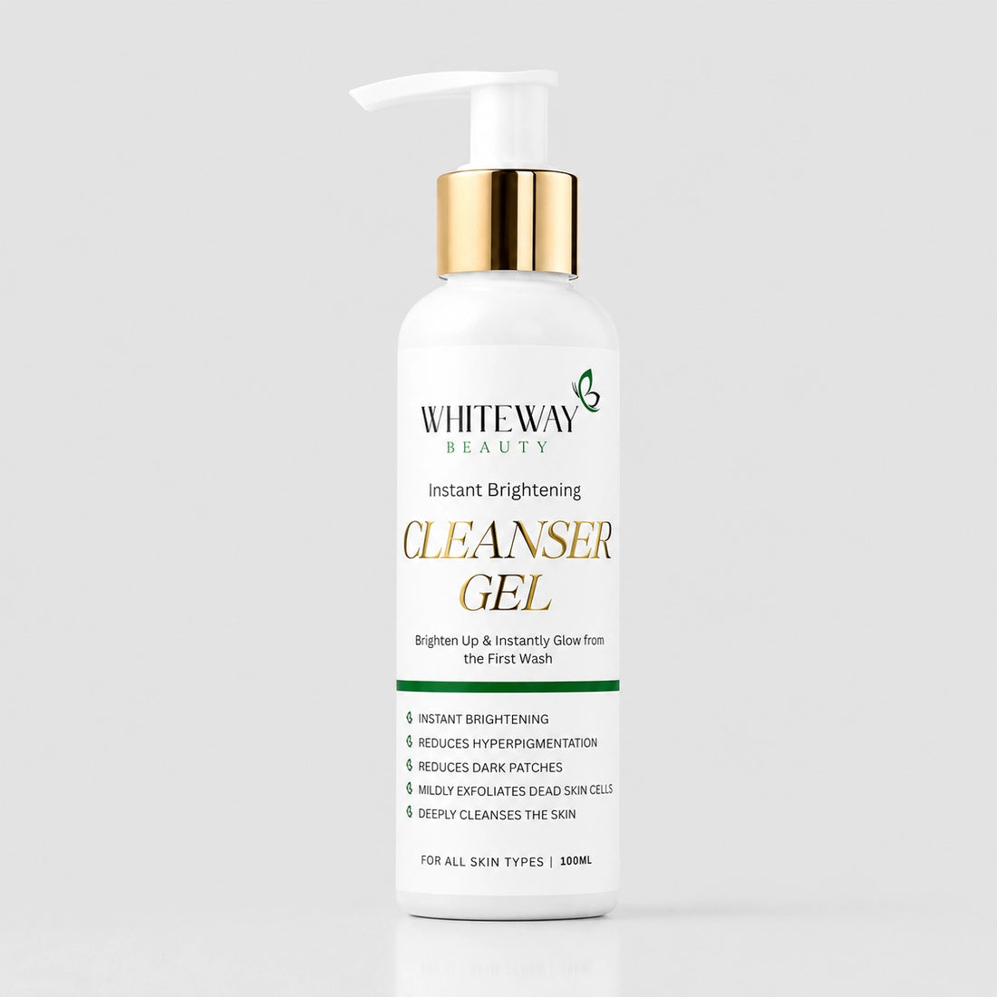 Whiteway Beauty Instant Brightening Cleanser Gel in a white bottle with a gold pump, designed to reduce hyperpigmentation and dark patches.