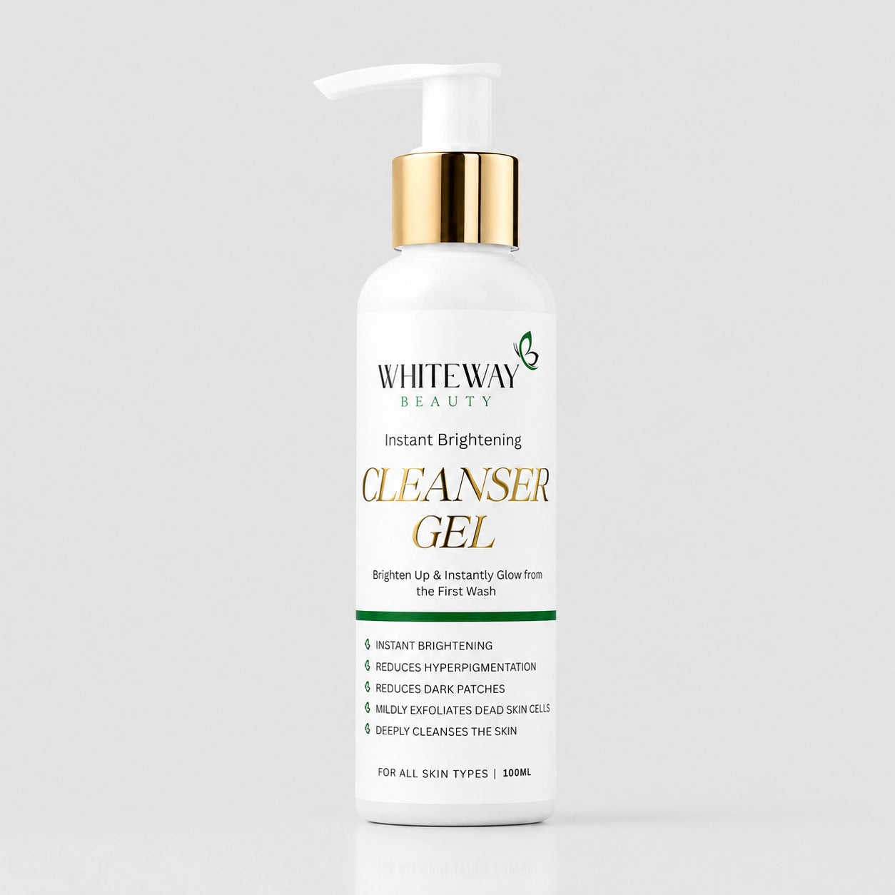 Whiteway Beauty Instant Brightening Cleanser Gel in a white bottle with a gold pump, designed to reduce hyperpigmentation and dark patches.