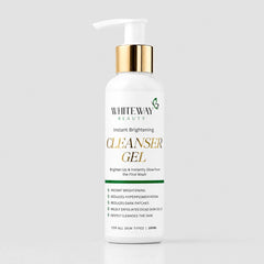 Whiteway Beauty Instant Brightening Cleanser Gel in a white bottle with a gold pump, designed to reduce hyperpigmentation and dark patches.
