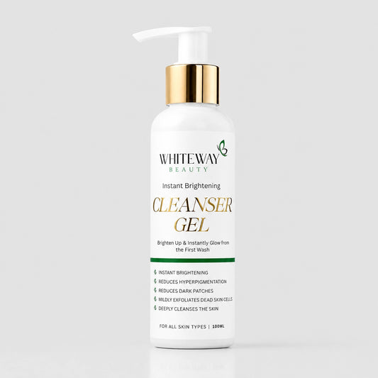 Whiteway Beauty Instant Brightening Cleanser Gel in a white bottle with a gold pump, designed to reduce hyperpigmentation and dark patches.
