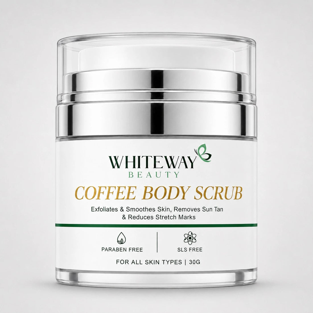 Whiteway Beauty 30ML Coffee Body Scrub in a premium airless pump jar; exfoliates and smooths skin to remove sun tan and reduce stretch marks. Paraben-free and SLS-free formula for all skin types.