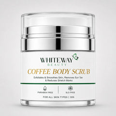 Whiteway Beauty 30ML Coffee Body Scrub in a premium airless pump jar; exfoliates and smooths skin to remove sun tan and reduce stretch marks. Paraben-free and SLS-free formula for all skin types.