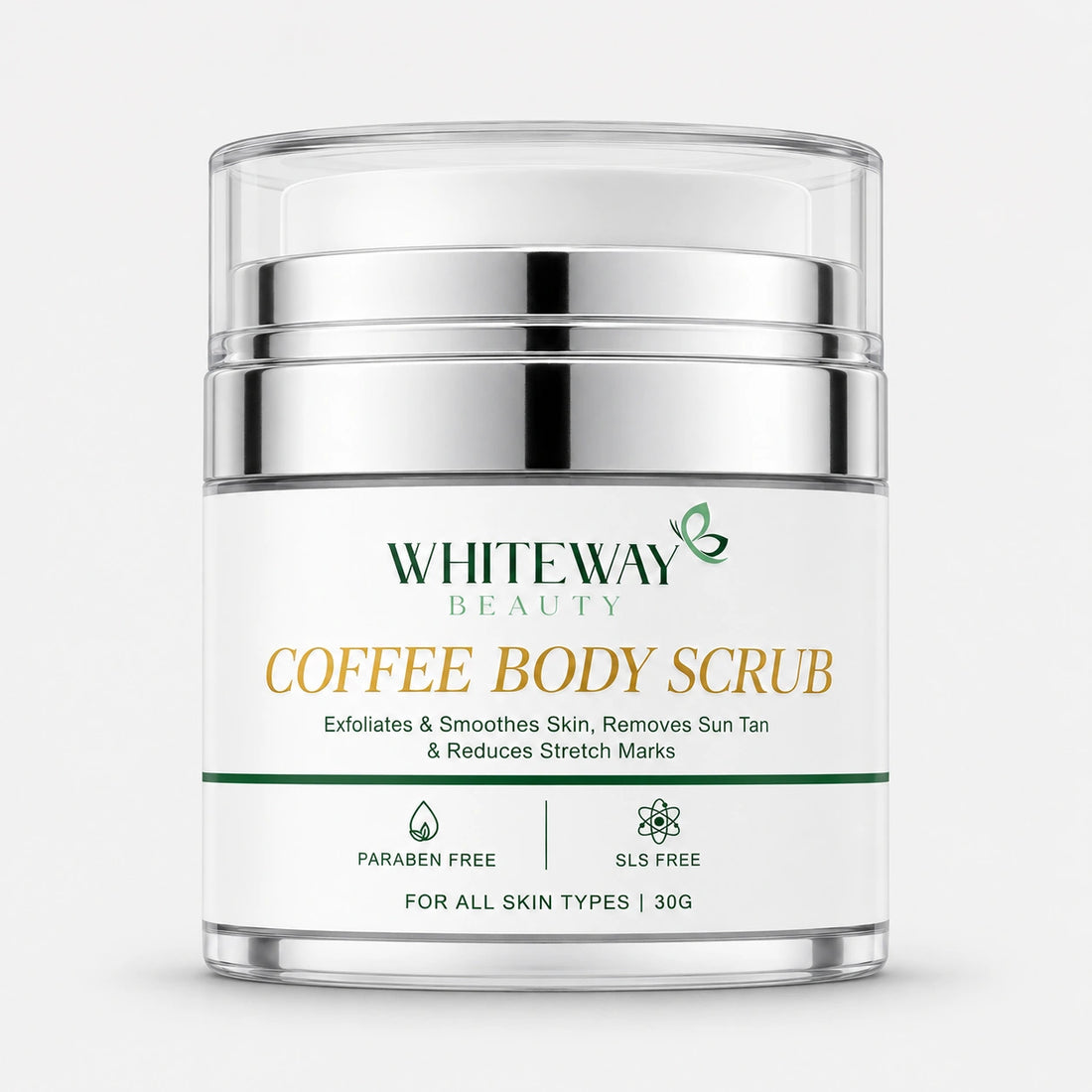 Whiteway Beauty 30ML Coffee Body Scrub in a premium airless pump jar; exfoliates and smooths skin to remove sun tan and reduce stretch marks. Paraben-free and SLS-free formula for all skin types.