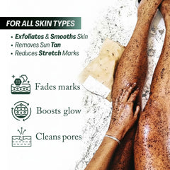 WhiteWay Beauty Coffee Body Scrub benefits for all skin types: exfoliates and smooths skin, removes sun tan, reduces the appearance of stretch marks, fades marks, boosts natural glow, and deeply cleans pores.