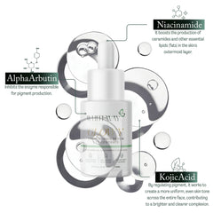 WhiteWay Beauty Glowy Brightening Serum Concentrate featuring Alpha Arbutin for pigment inhibition, Niacinamide for ceramide production and skin barrier repair, and Kojic Acid for a uniform, brighter complexion and even skin tone.