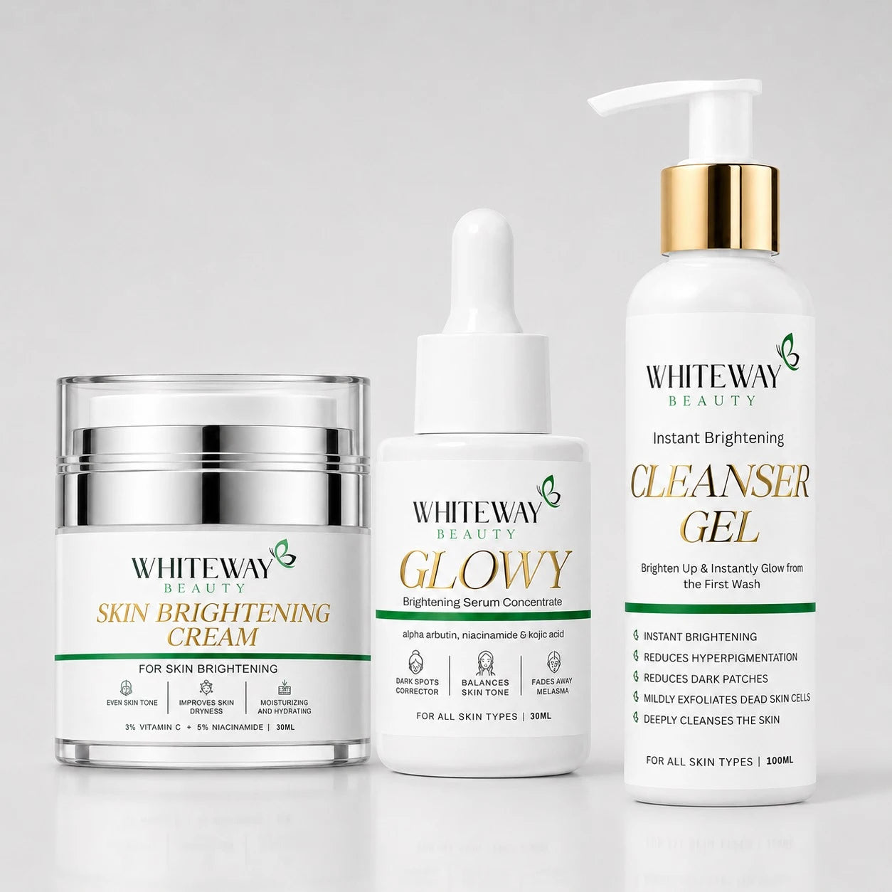 WhiteWay Beauty Instant Brightening Cleanser Gel for deep skin detox, Glowy Brightening Serum with Alpha Arbutin and Kojic Acid for melasma treatment, and Skin Brightening Cream with Niacinamide for dark patch reduction and radiant skin