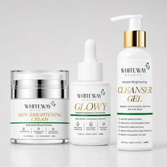WhiteWay Beauty Instant Brightening Cleanser Gel for deep skin detox, Glowy Brightening Serum with Alpha Arbutin and Kojic Acid for melasma treatment, and Skin Brightening Cream with Niacinamide for dark patch reduction and radiant skin