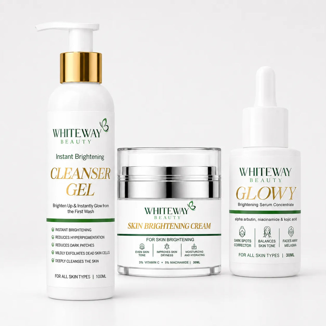WhiteWay Beauty Instant Brightening Cleanser Gel for deep skin detox, Glowy Brightening Serum with Alpha Arbutin and Kojic Acid for melasma treatment, and Skin Brightening Cream with Niacinamide for dark patch reduction and radiant skin