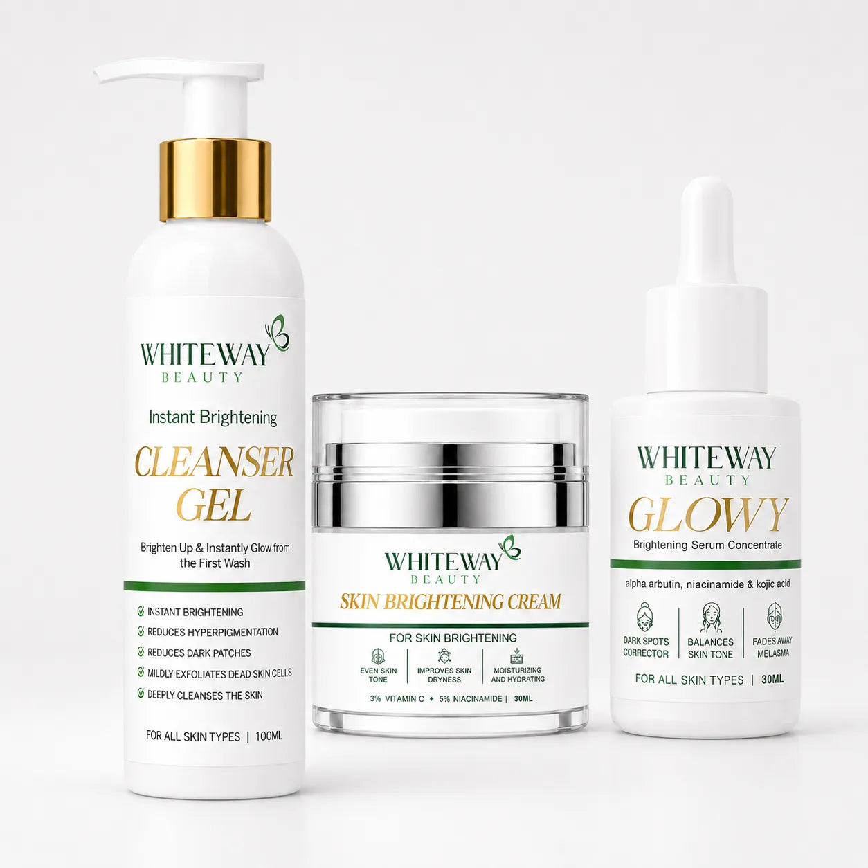 WhiteWay Beauty Instant Brightening Cleanser Gel for deep skin detox, Glowy Brightening Serum with Alpha Arbutin and Kojic Acid for melasma treatment, and Skin Brightening Cream with Niacinamide for dark patch reduction and radiant skin