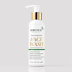 Whiteway Beauty Brightening Face Wash bottle highlighting its formula with Ceramides and Hyaluronic Acid to maintain skin pH and protect the skin barrier.