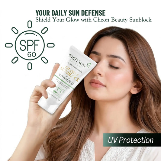 WhiteWay Beauty Oil-Free Sunblock SPF 60 with Vitamin C for daily sun defense, providing extra whitening and high UVA UVB protection. Best non-greasy, water-resistant sunblock for oily skin types in Pakistan, ensuring a healthy glow without white cast