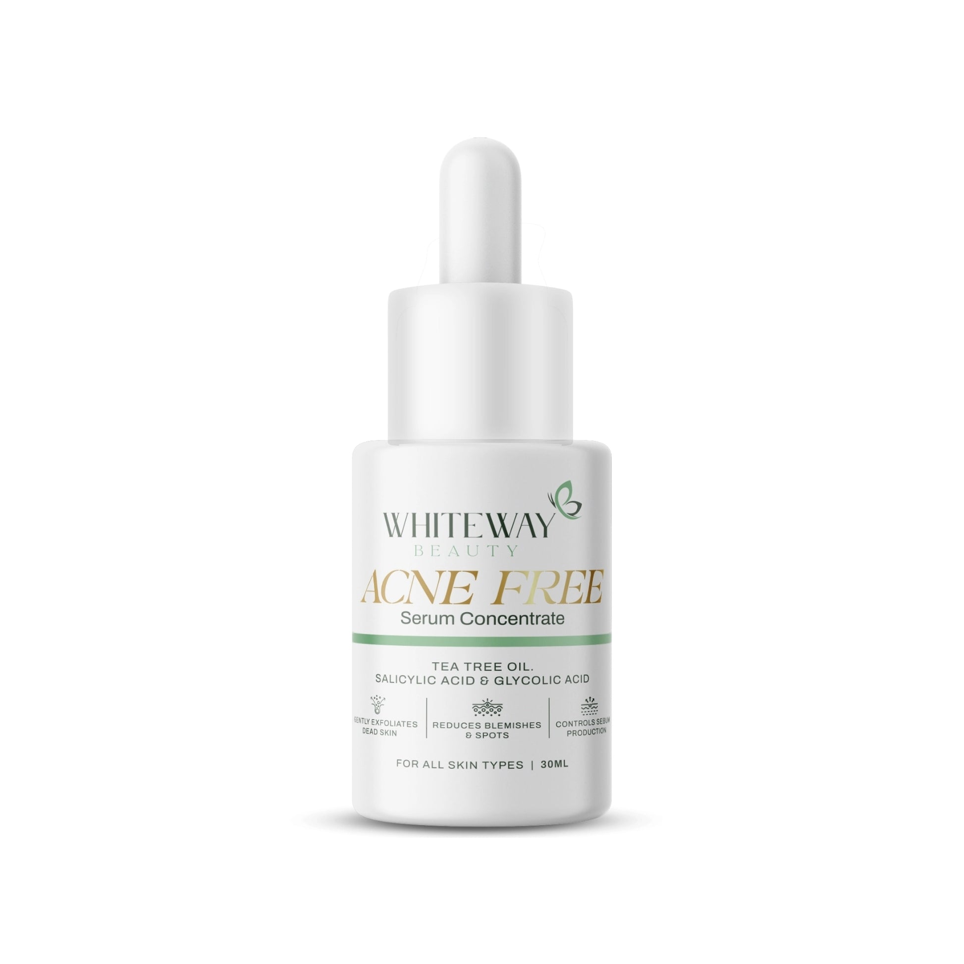 Whiteway Beauty Acne Free Serum Concentrate 30ml bottle with professional dropper, featuring 2% Salicylic Acid BHA and Tea Tree Oil for blemish control and clear skin.