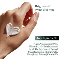 Whiteway Beauty Skin Brightening Cream heart-shaped swatch on hand, showing a rich white creamy texture with key ingredients: 5% Niacinamide, 3% Vitamin C, Vitamin E, and Sodium Hyaluronate for an even skin tone.