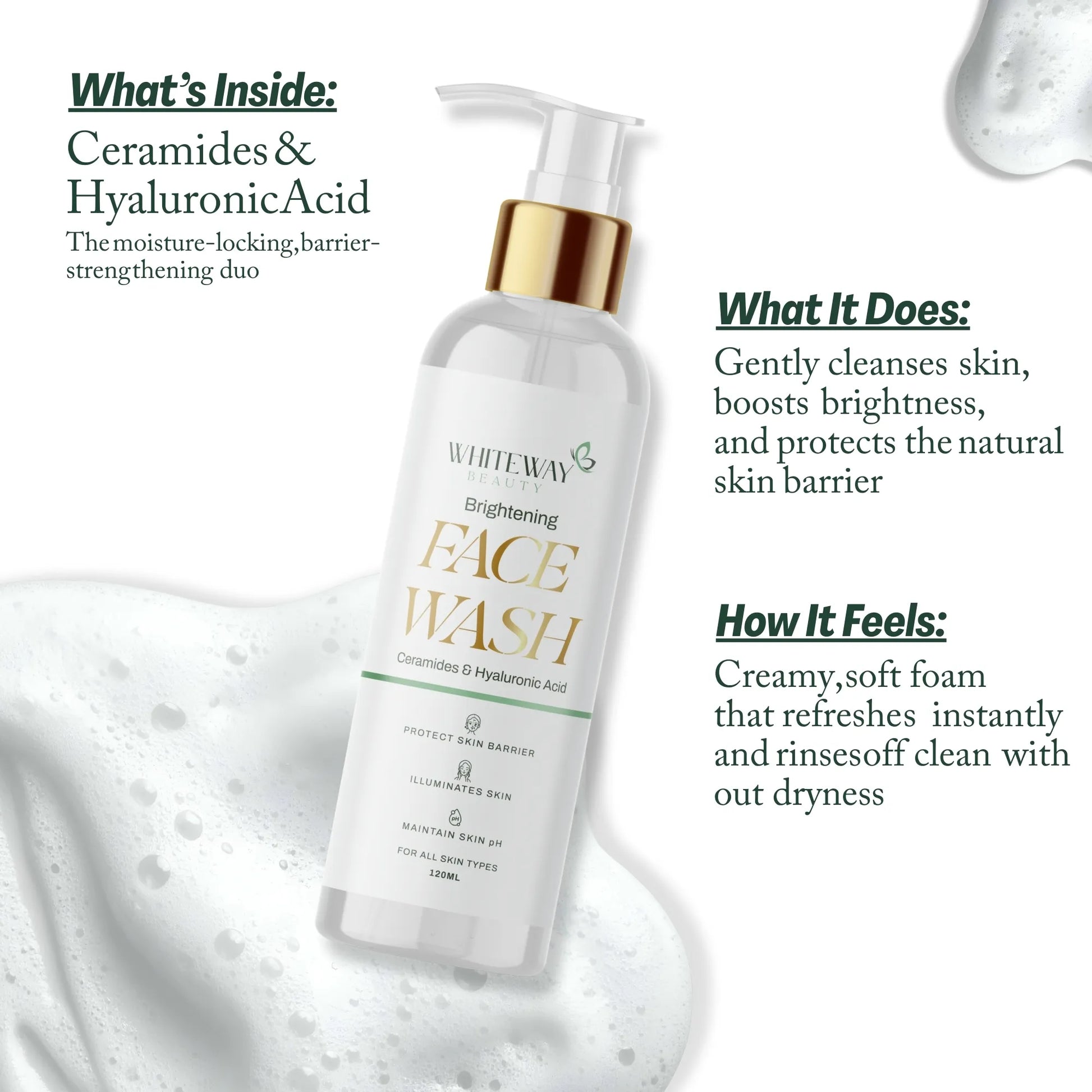 Whiteway Beauty Brightening Face Wash with Ceramides and Hyaluronic Acid for a creamy, non-drying foam that gently cleanses, strengthens the skin barrier, and boosts brightness.