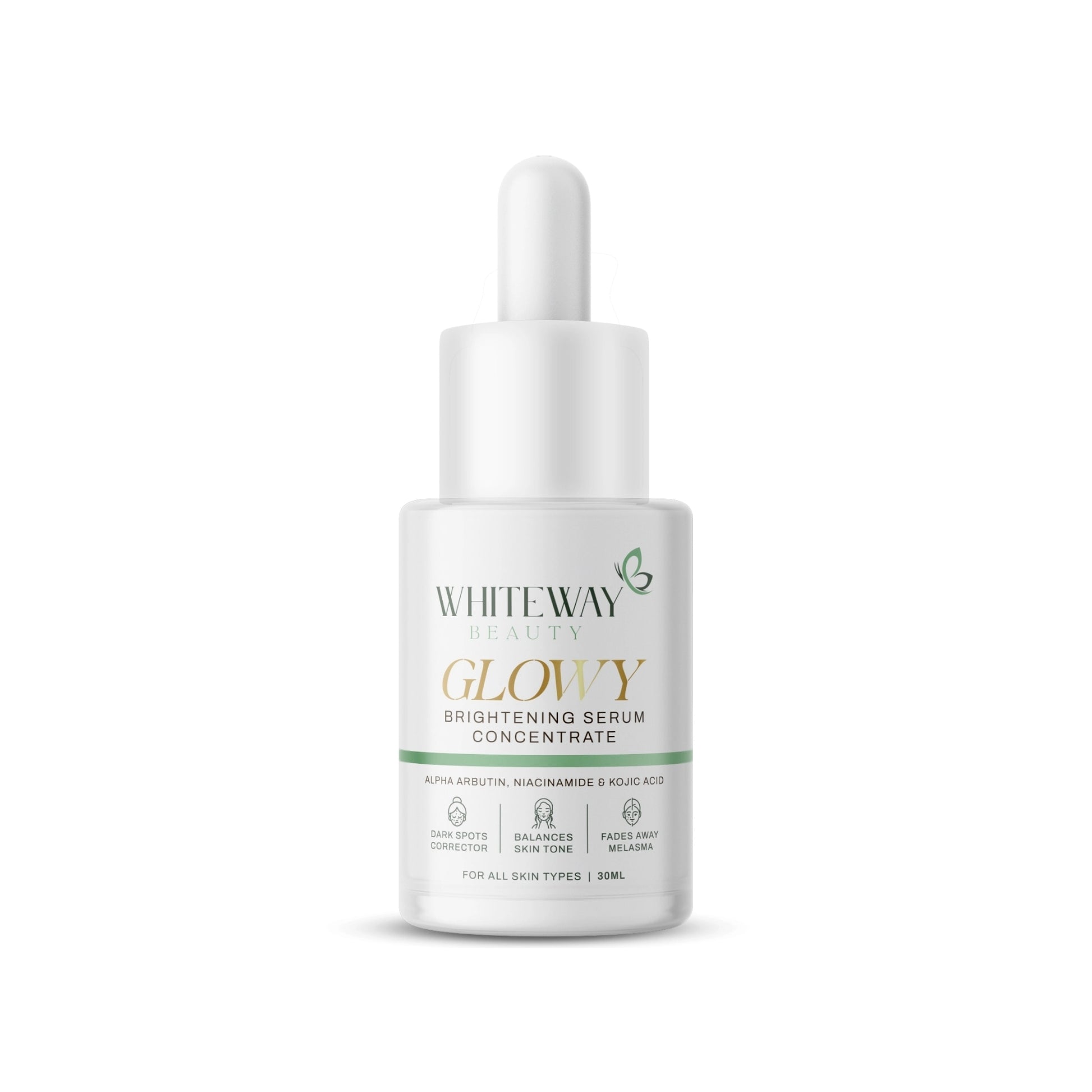 Whiteway Beauty GLOWY Brightening Serum 30ml with Alpha Arbutin and Kojic Acid for dark spot correction. Lifestyle Image: Person applying Whiteway Beauty Brightening Serum to achieve a radiant, glass-skin glow. Texture Image: Lightweight, fast-absorbing texture of the GLOWY Brightening Serum featuring Niacinamide and Hyaluronic Acid.