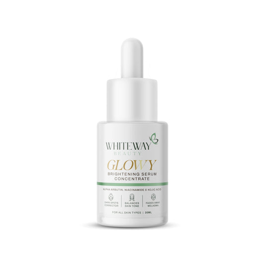 Whiteway Beauty GLOWY Brightening Serum 30ml with Alpha Arbutin and Kojic Acid for dark spot correction. Lifestyle Image: Person applying Whiteway Beauty Brightening Serum to achieve a radiant, glass-skin glow. Texture Image: Lightweight, fast-absorbing texture of the GLOWY Brightening Serum featuring Niacinamide and Hyaluronic Acid.