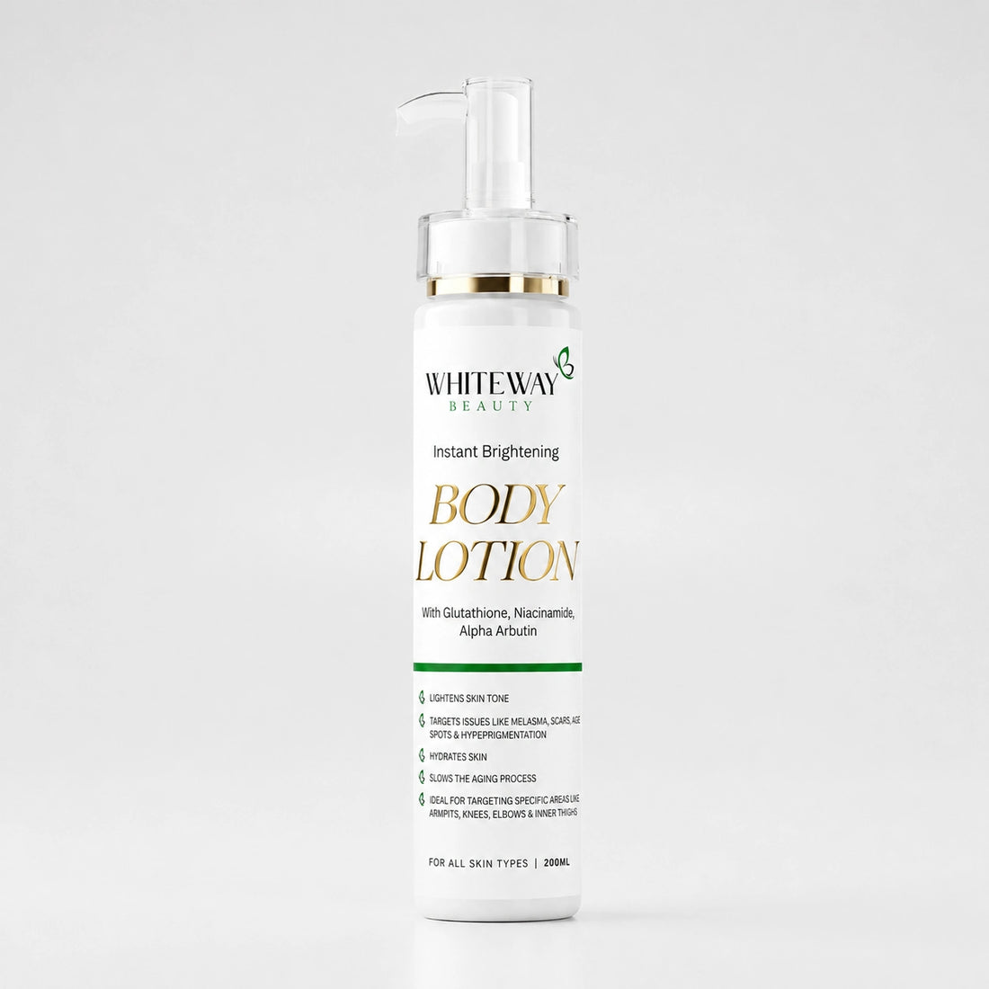 Whiteway Beauty Instant Brightening Body Lotion with Glutathione, Niacinamide, and Alpha Arbutin in a 200ml pump bottle.