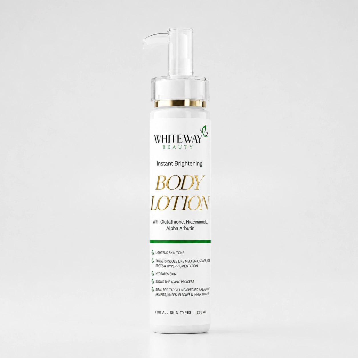 Whiteway Beauty Instant Brightening Body Lotion with Glutathione, Niacinamide, and Alpha Arbutin in a 200ml pump bottle.