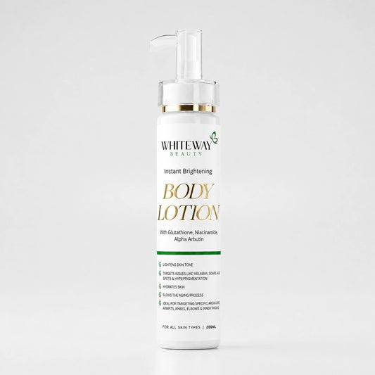 Whiteway Beauty Instant Brightening Body Lotion with Glutathione, Niacinamide, and Alpha Arbutin in a 200ml pump bottle.