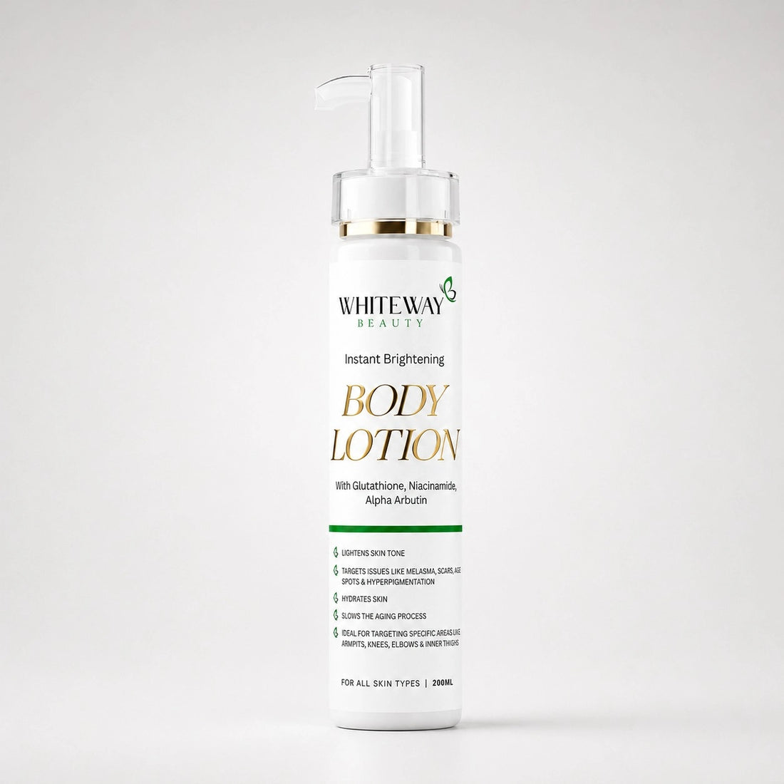 Whiteway Beauty Instant Brightening Body Lotion with Glutathione, Niacinamide, and Alpha Arbutin in a 200ml pump bottle.