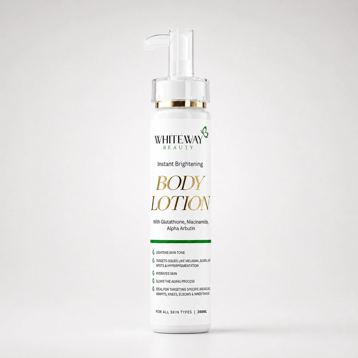 Whiteway Beauty Instant Brightening Body Lotion with Glutathione, Niacinamide, and Alpha Arbutin in a 200ml pump bottle.