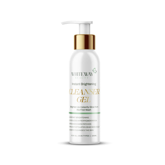 Whiteway Beauty Instant Brightening Cleanser Gel 120ml bottle with Vitamin C and AHA for immediate skin radiance. Action Image: Lathering the refreshing Whiteway Beauty gel cleanser on damp skin for deep pore cleansing and glow. Ingredient Graphic: Key brightening ingredients: Vitamin C for dark spots, Glycolic Acid for exfoliation, and Cica for soothing.