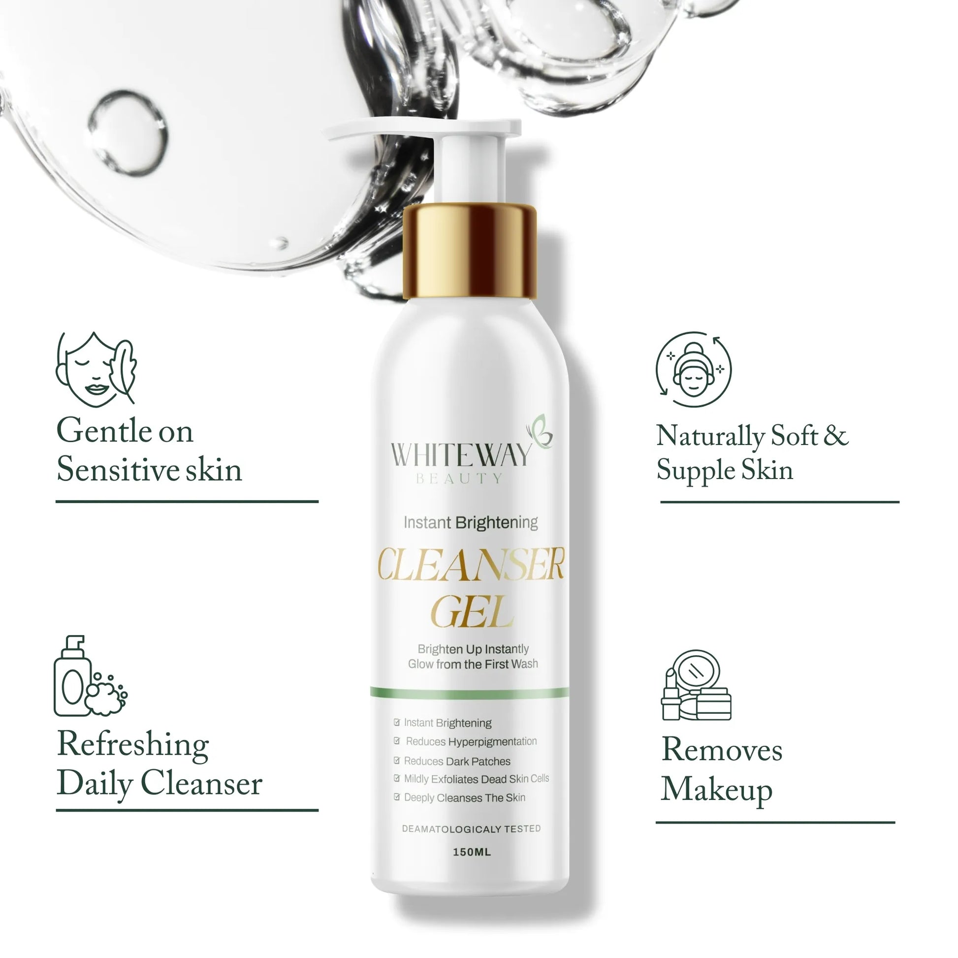 Whiteway Beauty Instant Brightening Cleanser Gel for sensitive skin featuring a gentle, non-drying formula that removes makeup, reduces dark patches, and mildly exfoliates for a soft and supple glow.
