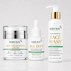 Whiteway Beauty Glass Skin Bundle featuring Brightening Face Wash with Ceramides, Skin Brightening Cream with Vitamin C and Niacinamide, and Acne Free Serum with Salicylic and Glycolic Acid. Complete world-class skincare routine for glowing, acne-free skin. Formulated with advanced Korean technology.