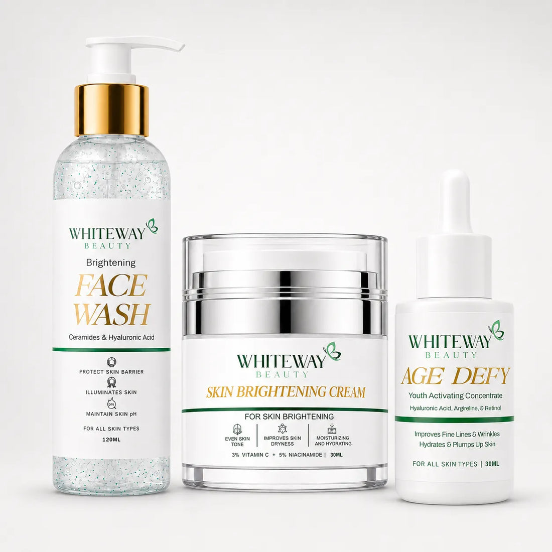 Whiteway Beauty Glass Skin Bundle featuring Brightening Face Wash with Ceramides, Skin Brightening Cream with Vitamin C and Niacinamide, and Acne Free Serum with Salicylic and Glycolic Acid. Complete world-class skincare routine for glowing, acne-free skin. Formulated with advanced Korean technology.