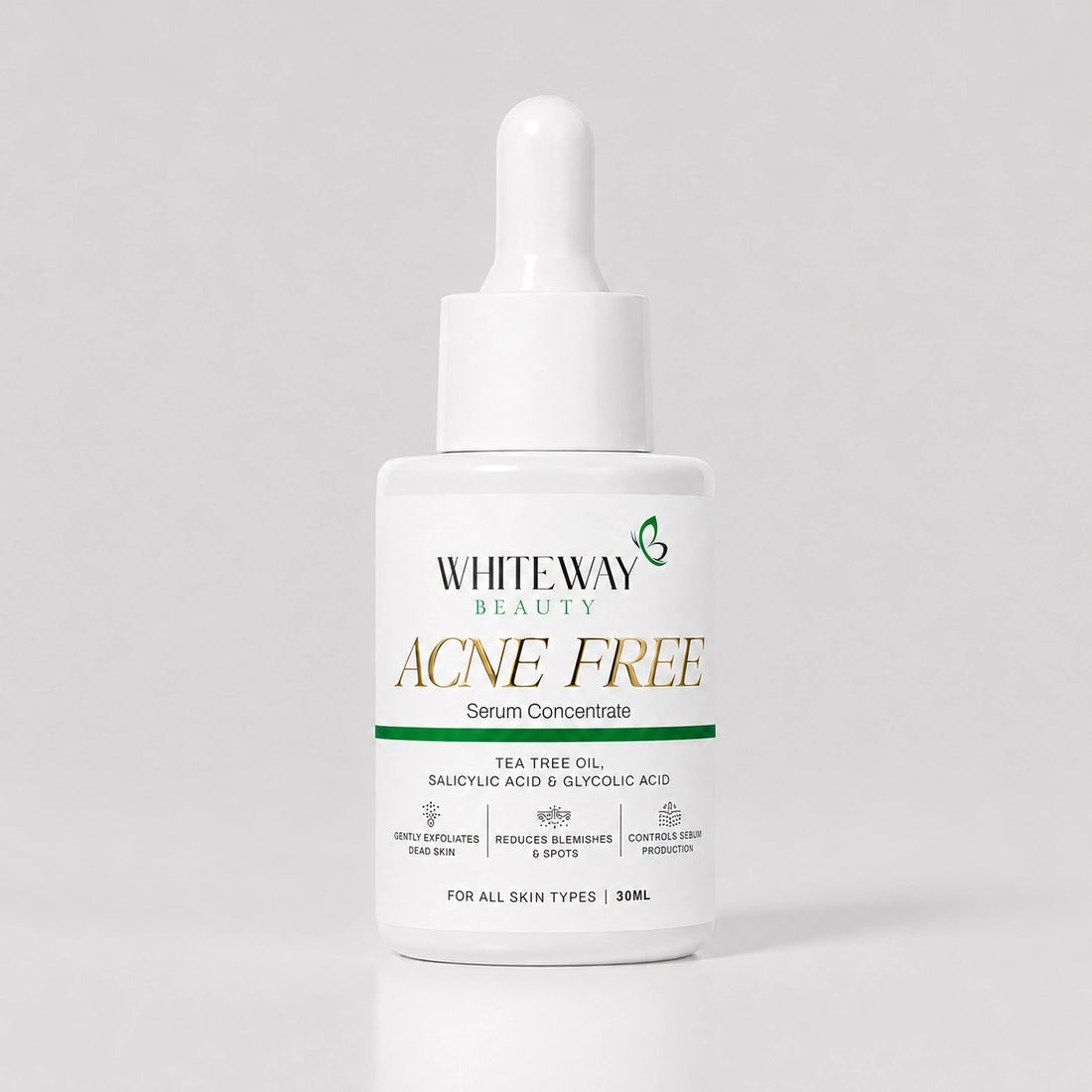 Whiteway Beauty Acne Free Serum for all skin types - 30ml bottle - Salicylic and Glycolic Acid serum for exfoliating dead skin and sebum control.