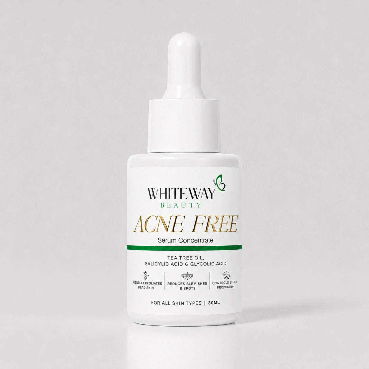 Whiteway Beauty Acne Free Serum for all skin types - 30ml bottle - Salicylic and Glycolic Acid serum for exfoliating dead skin and sebum control.