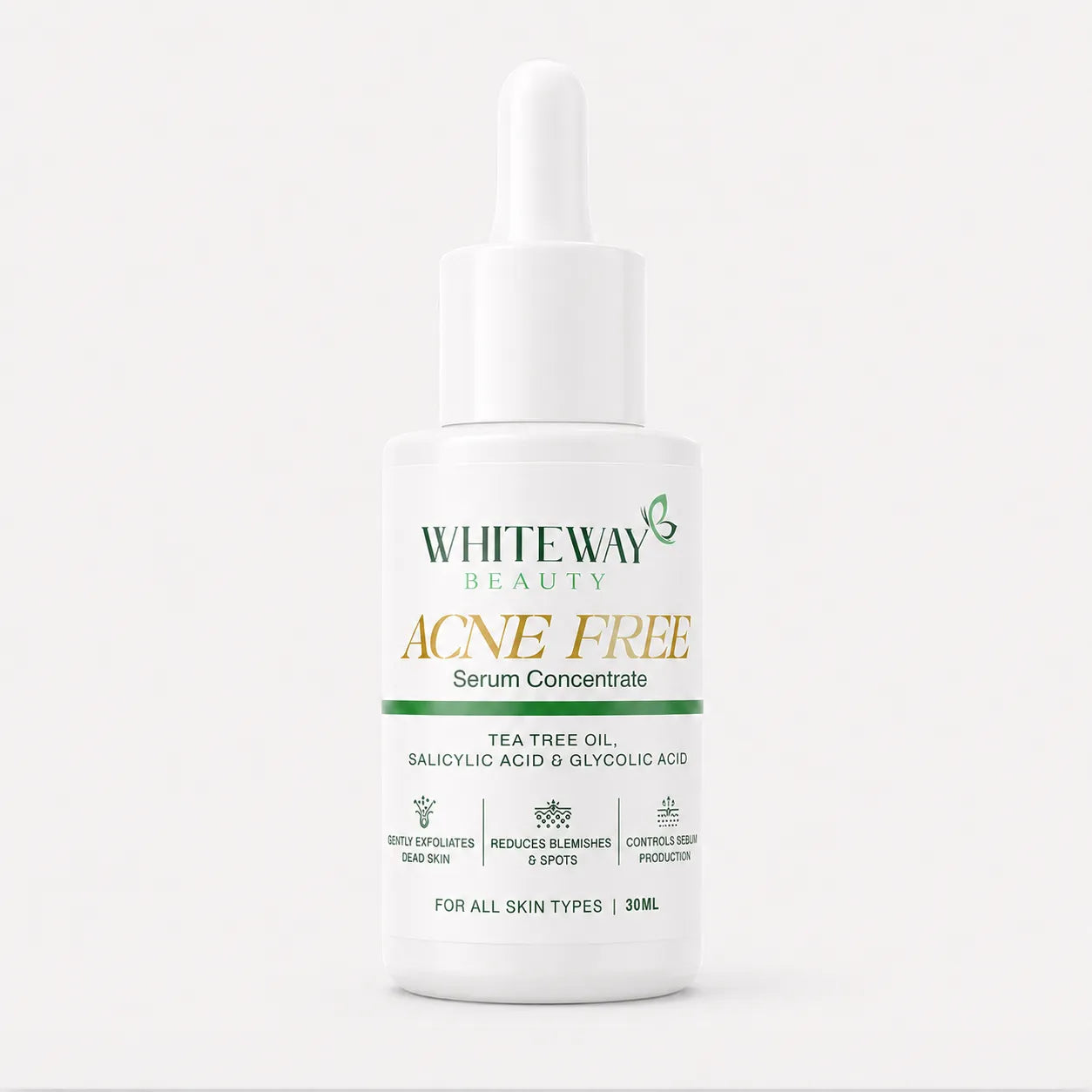 Whiteway Beauty Acne Free Serum for all skin types - 30ml bottle - Salicylic and Glycolic Acid serum for exfoliating dead skin and sebum control.