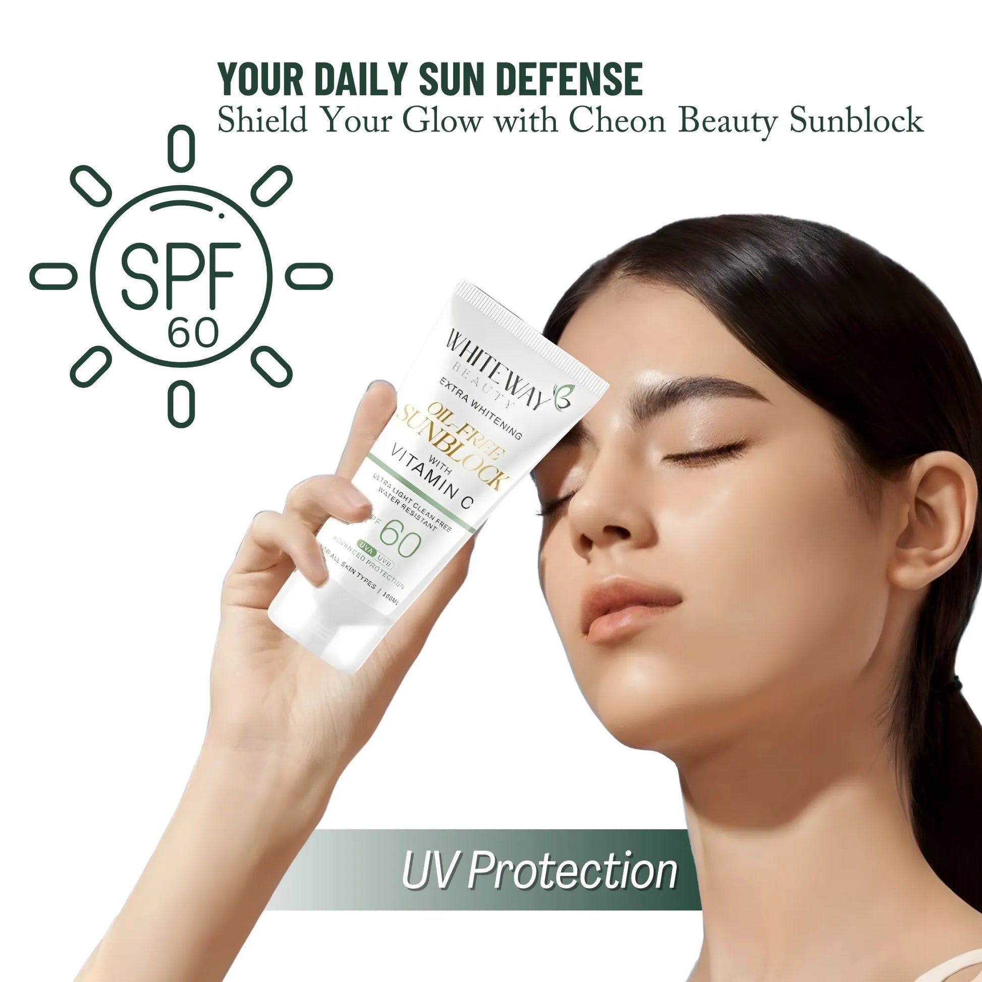 Whiteway Beauty Oil-Free Sunblock with SPF 60 and Vitamin C, providing advanced UVA and UVB protection with a water-resistant and ultra-light clean feel for daily sun defense.
