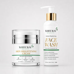 Whiteway Beauty skin brightening routine featuring a 30ml jar of Skin Brightening Cream with 3% Vitamin C and 5% Niacinamide next to a 100ml pump bottle of Instant Brightening Face Wash with Ceramides and Hyaluronic Acid.