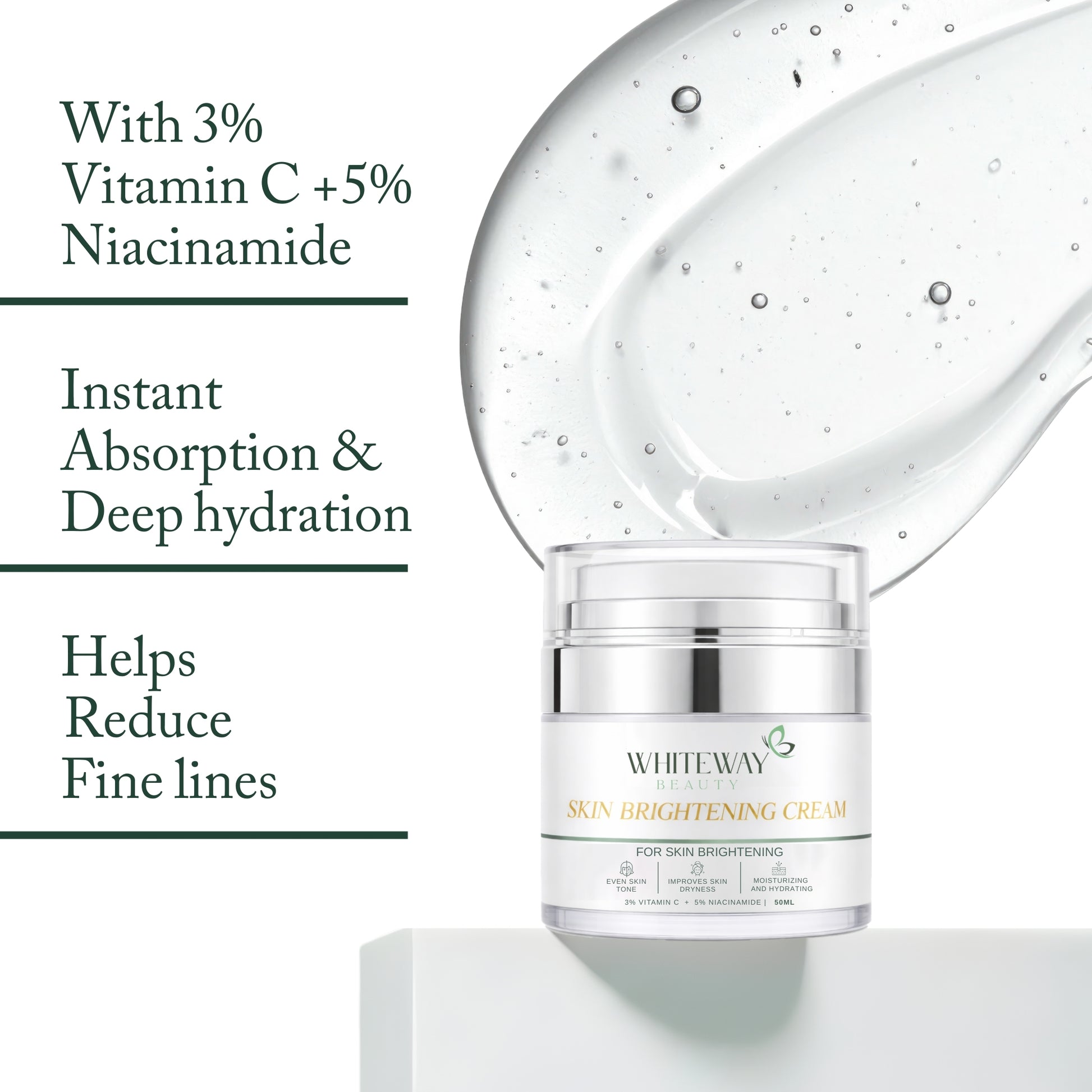 Whiteway Beauty Skin Brightening Cream with 3% Vitamin C and 5% Niacinamide, featuring an instant absorption formula for deep hydration and reduction of fine lines.